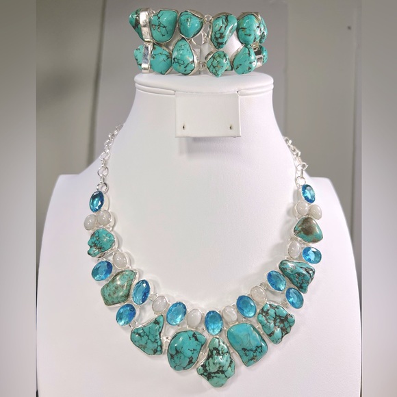 Turquoise Blue Topaz Moonstone Large Gemstone Necklace & Bracelet Set - Picture 1 of 13